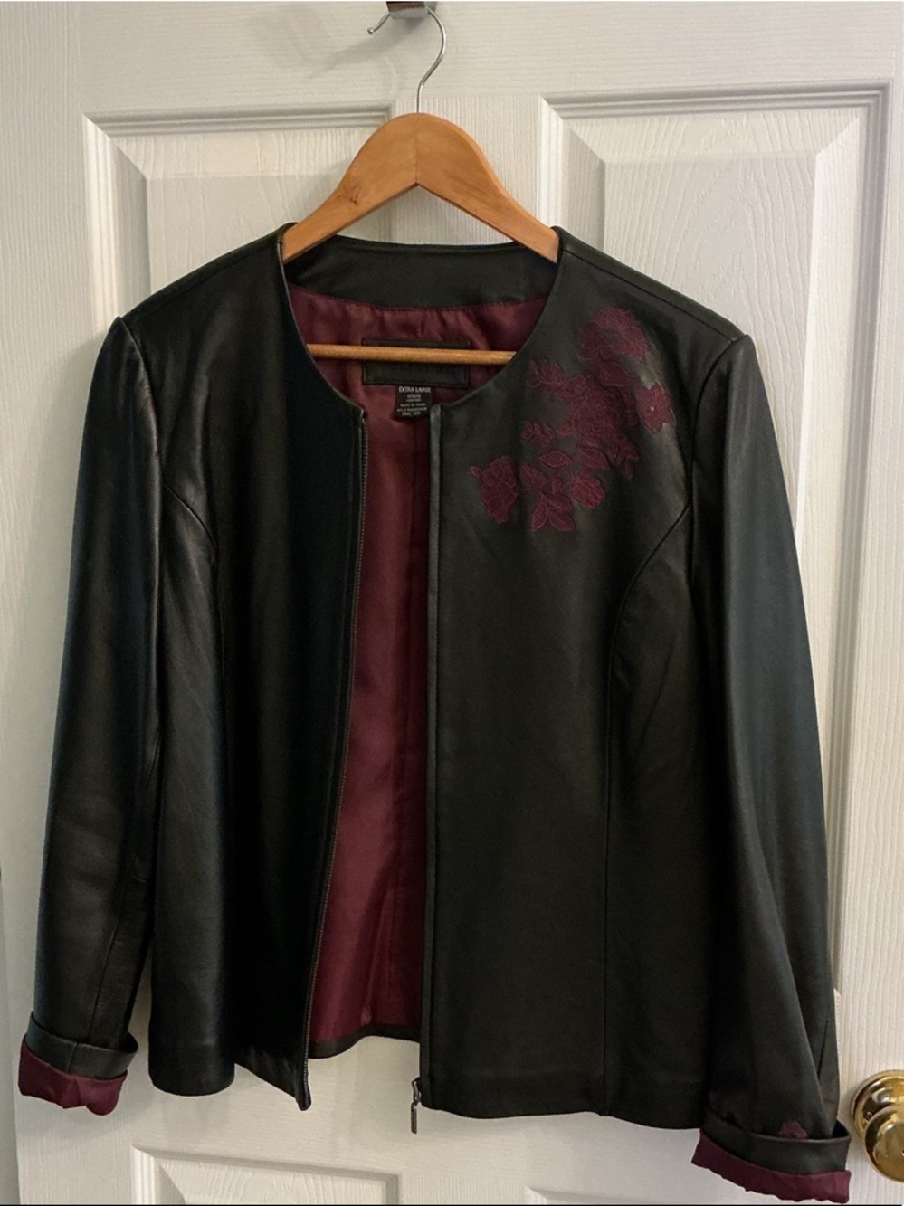 Jaclyn Smith Black Leather Bomber Jacket with Burgundy Lining